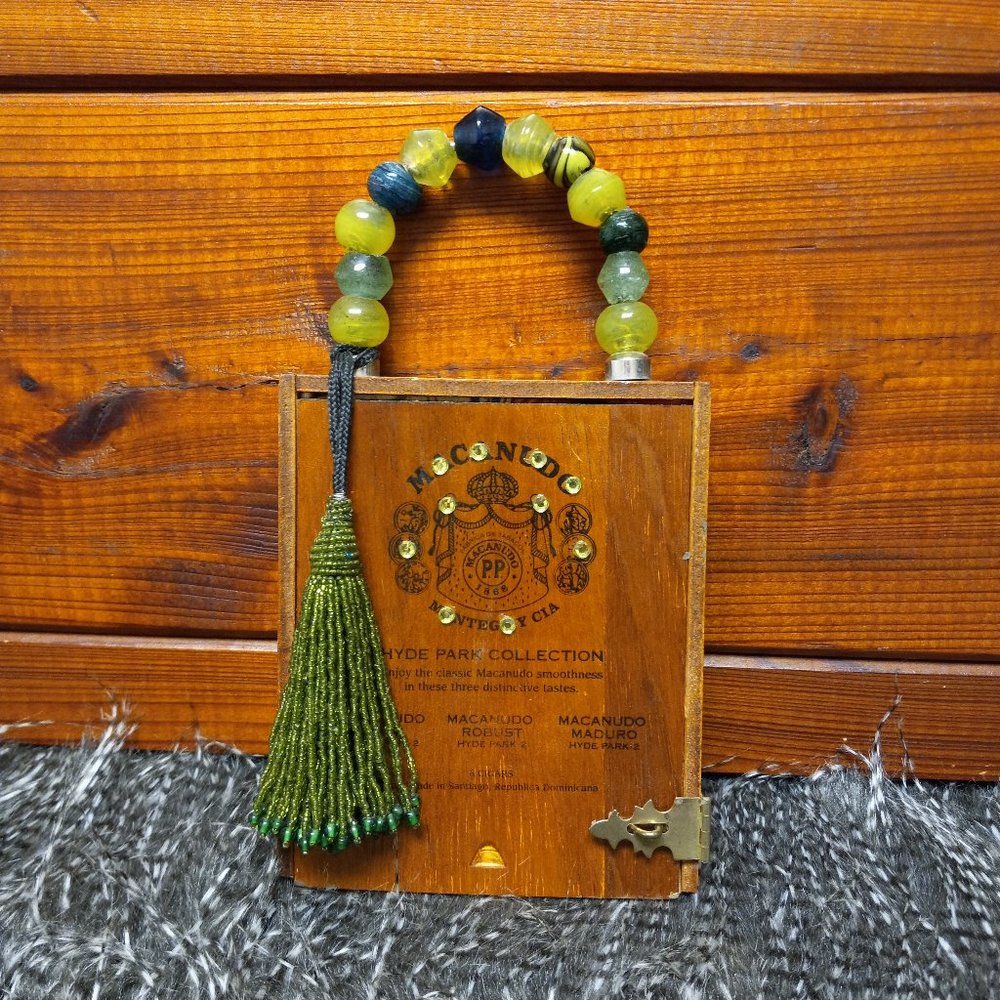 Wooden Cigar Box Purse with Beaded Handle